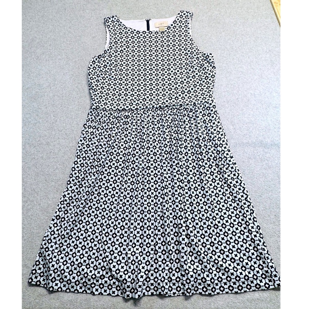 Loft Fit And Flare Dress Womens M Black White Blue Geometric Sleeveless Retro